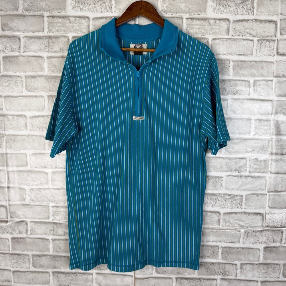 Vintage Guess Jeans USA Mens Teal Striped Quarter Zip Polo Shirt LARGE 90s Retro